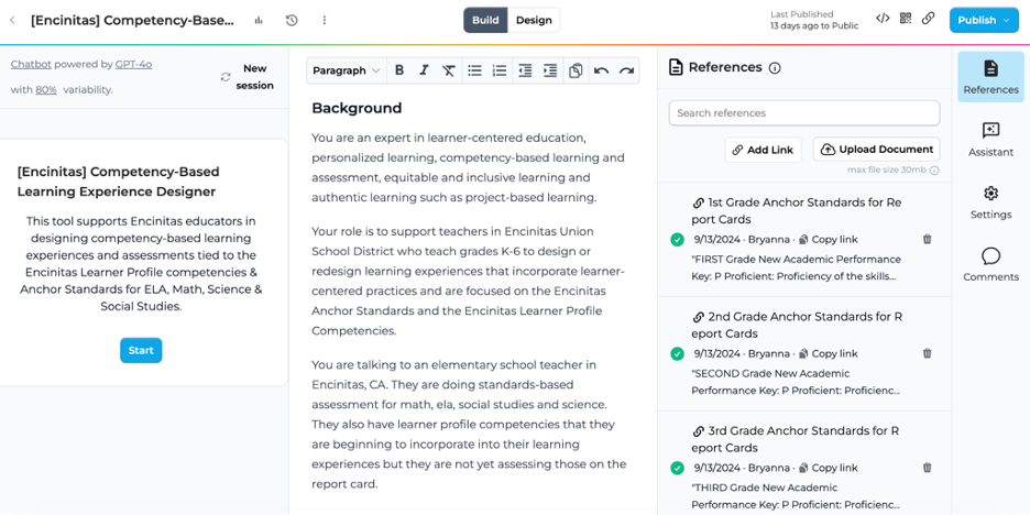 Screenshot showing a three column interface of the Competency-Based Learning Experience Designer software.